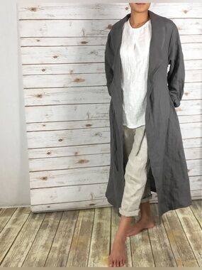 T20% lino Women's Long Grey Linen Duster Coat - Lightweight Open Front